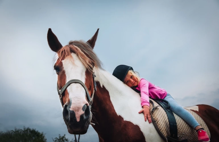 dziewczynka przytulona na koniu